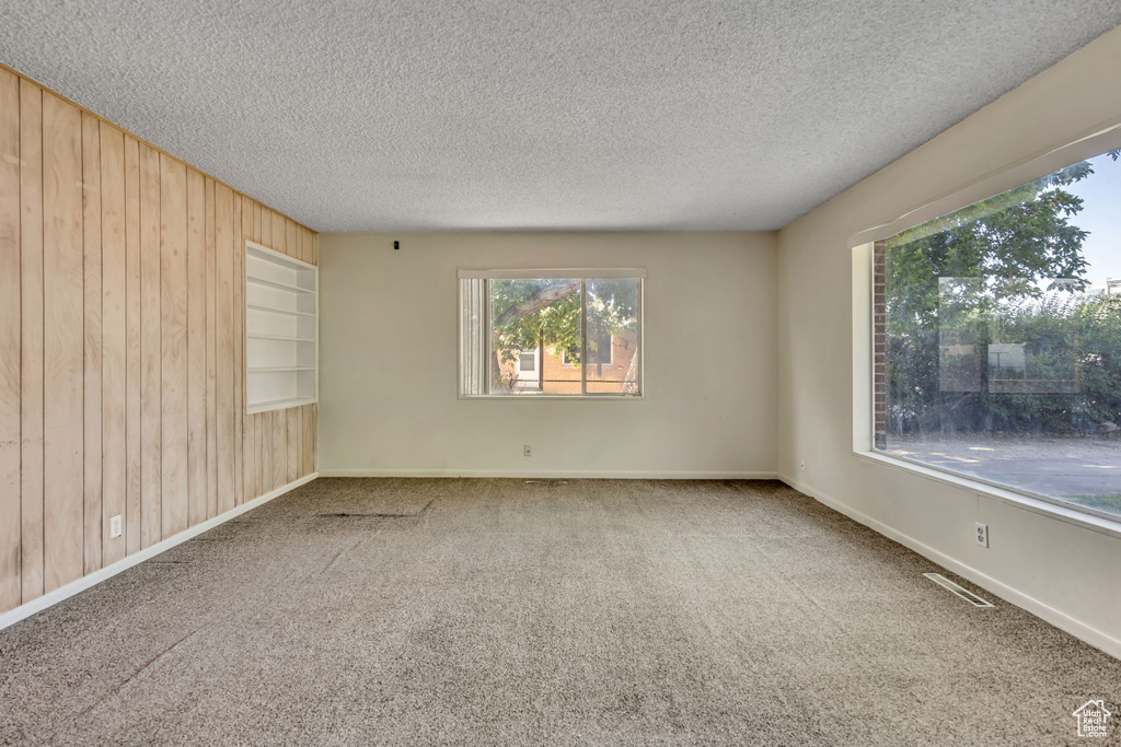 Carpeted spare room featuring wood walls and a textured ceiling