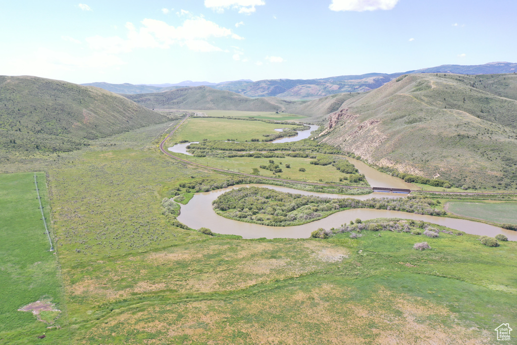 Aerial overview of property\'s location featuring a water and mountain view