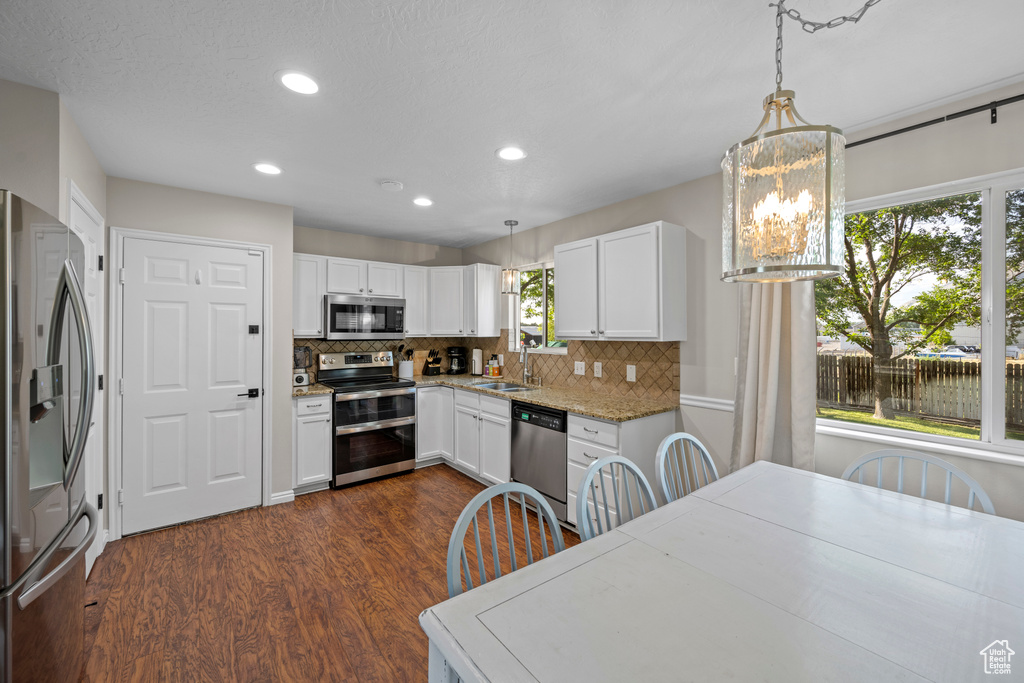 Kitchen with appliances with stainless steel finishes, dark wood-type flooring, recessed lighting, backsplash, and white cabinetry