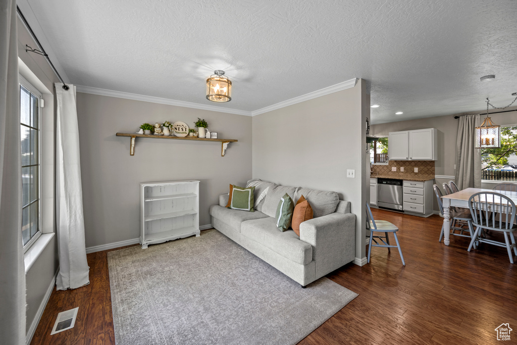 Living area with a textured ceiling, dark wood-style floors, crown molding, and recessed lighting