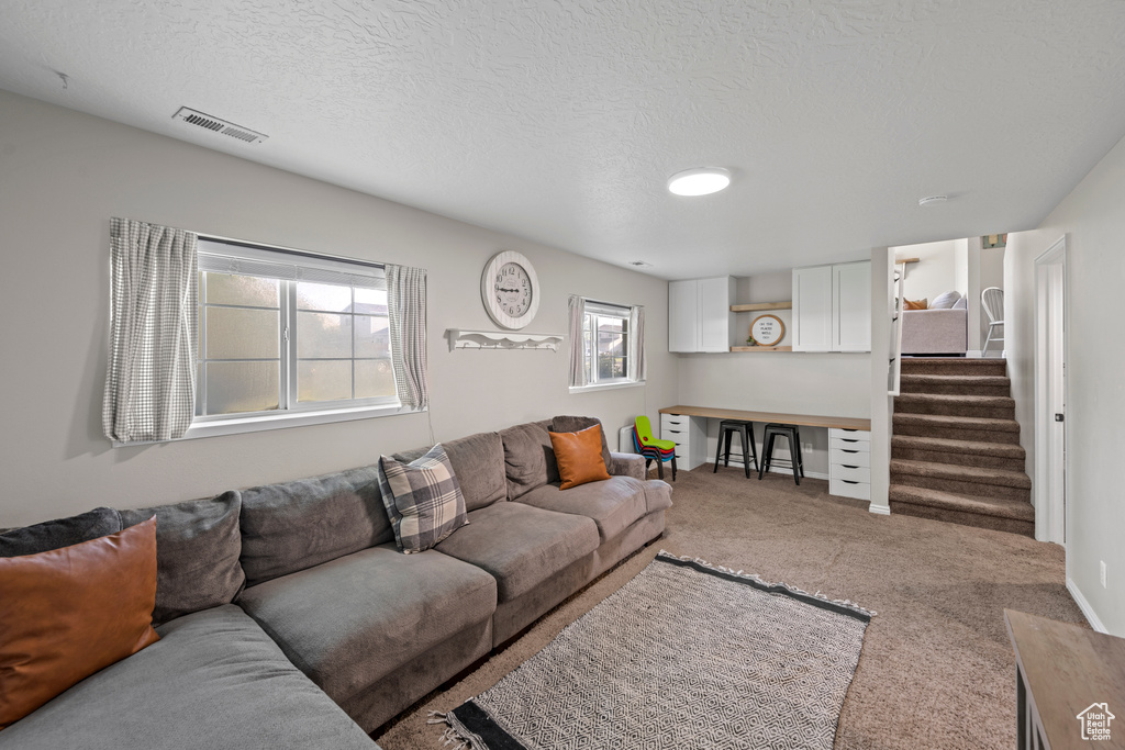 Carpeted living area with a textured ceiling