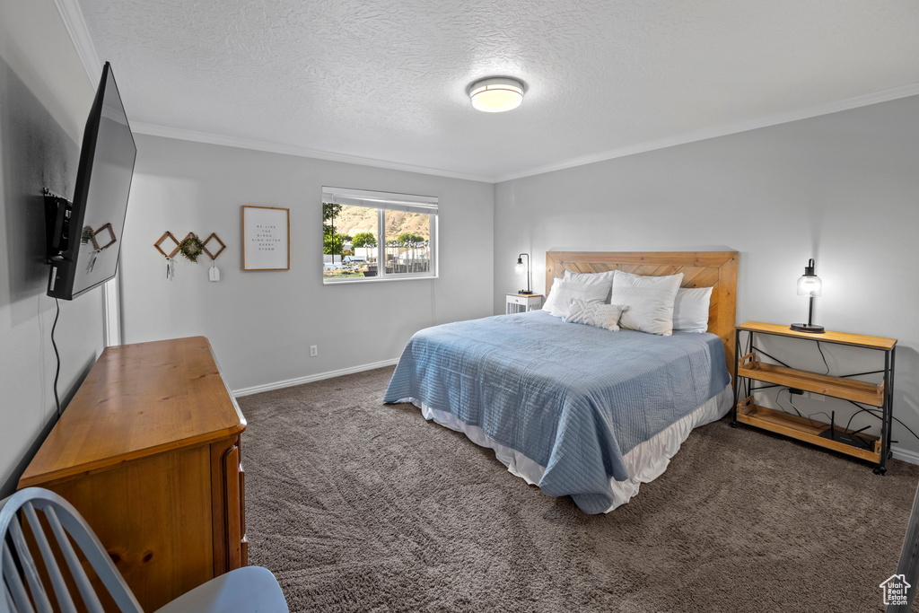 Bedroom featuring carpet, ornamental molding, and a textured ceiling