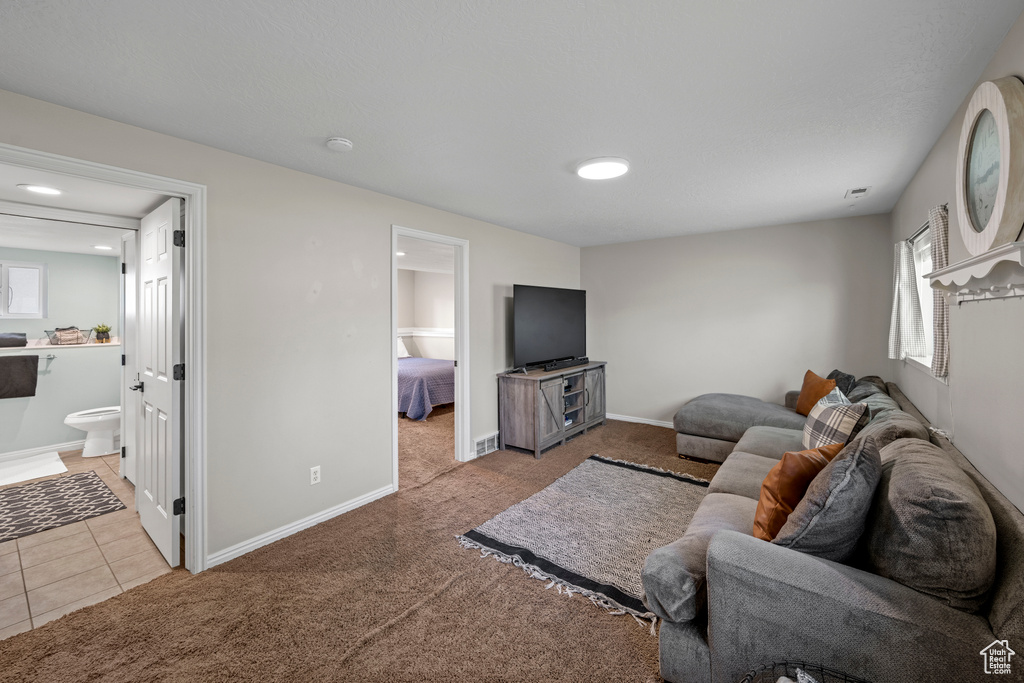 Tiled living room with carpet flooring and recessed lighting