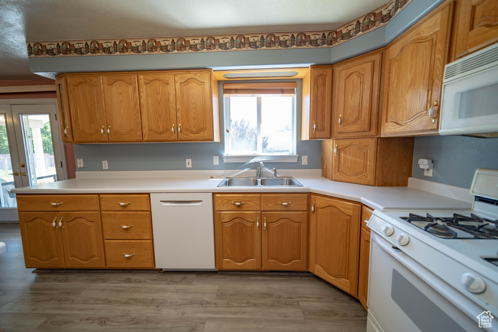 Kitchen featuring white appliances, healthy amount of natural light, light wood-type flooring, and light countertops