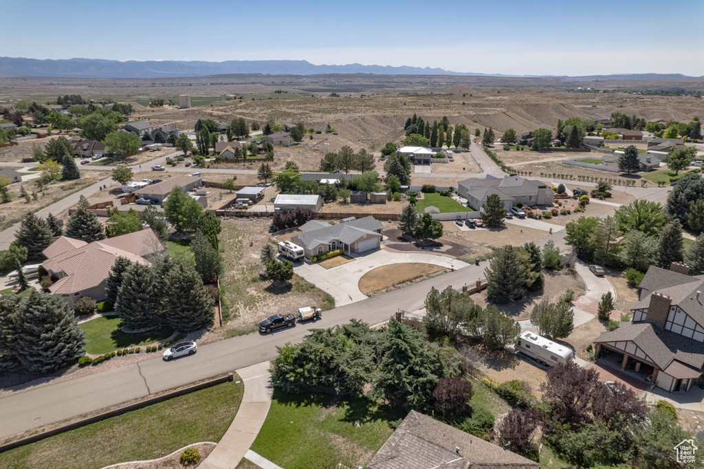 Aerial perspective of suburban area featuring mountains