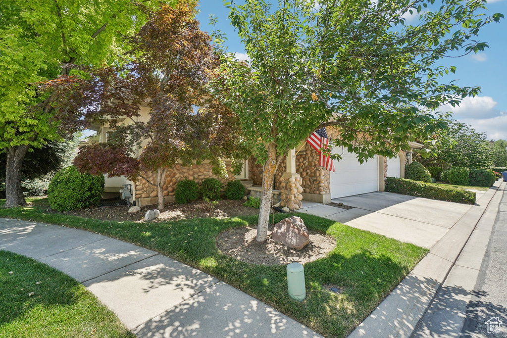 Obstructed view of property featuring concrete driveway, stone siding, and a garage