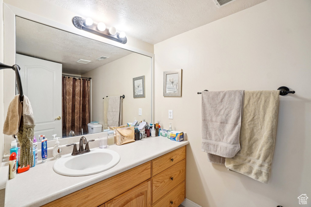 Full bath featuring vanity, a textured ceiling, and a shower with shower curtain