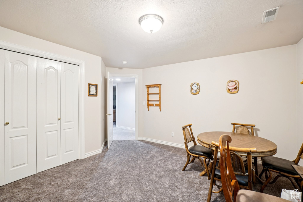 Carpeted dining room with a textured ceiling