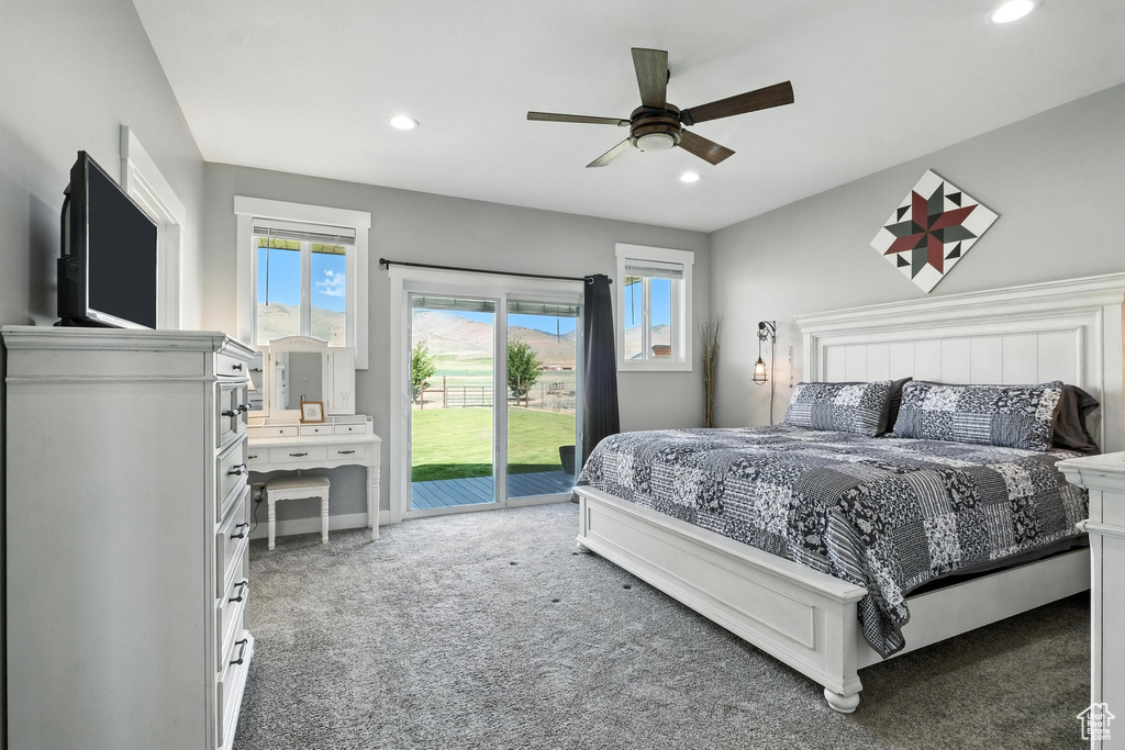 Bedroom featuring access to exterior, carpet floors, recessed lighting, and ceiling fan