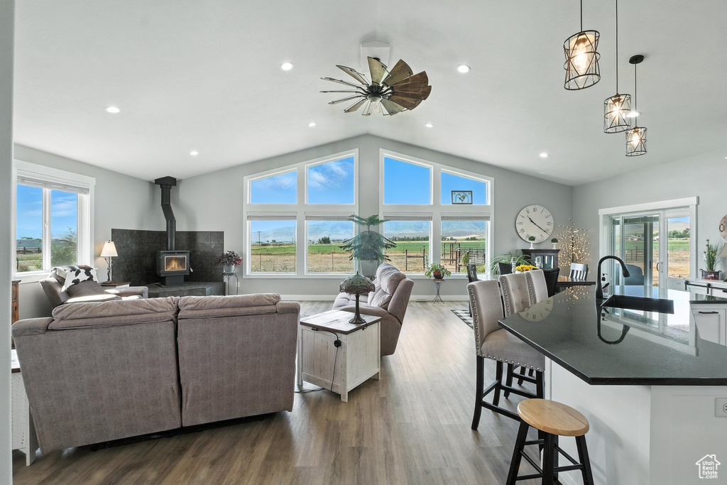 Living area with dark wood finished floors, healthy amount of natural light, a wood stove, vaulted ceiling, and recessed lighting