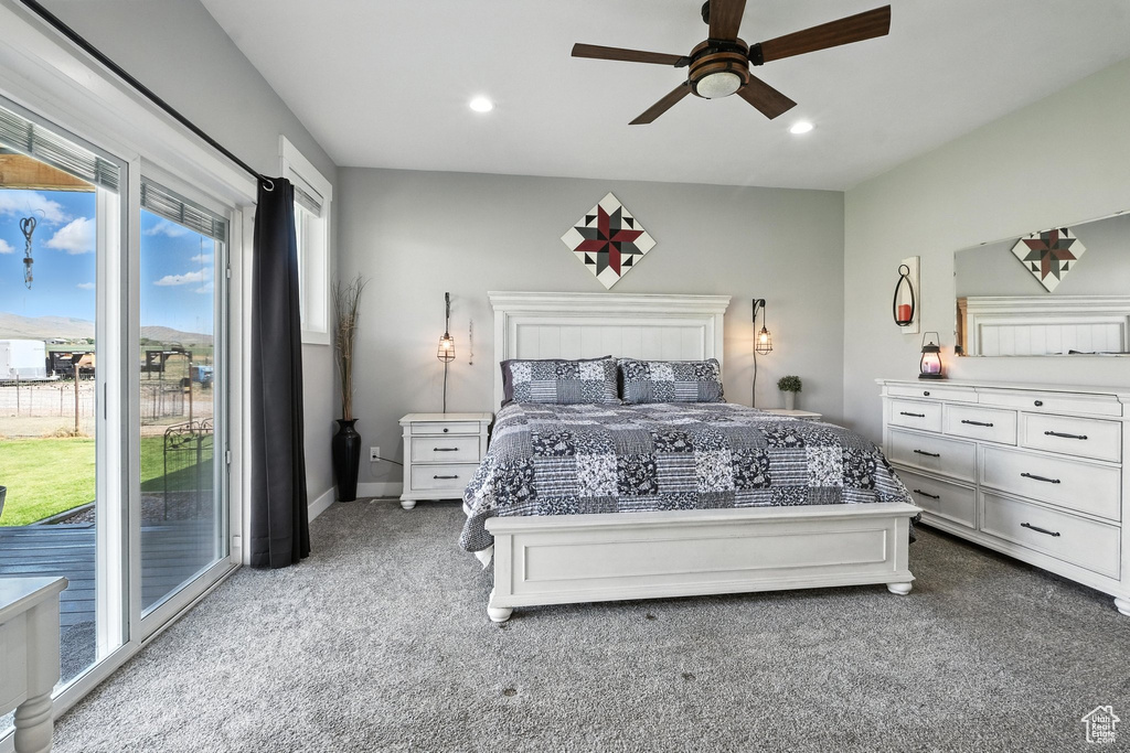 Bedroom with access to exterior, carpet floors, recessed lighting, and ceiling fan