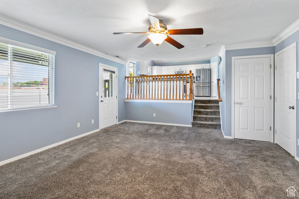 Empty room featuring dark colored carpet, ceiling fan, and ornamental molding