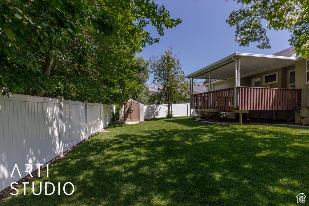 Fenced backyard with a shed and a deck