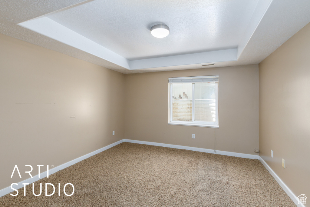 Carpeted empty room with a raised ceiling