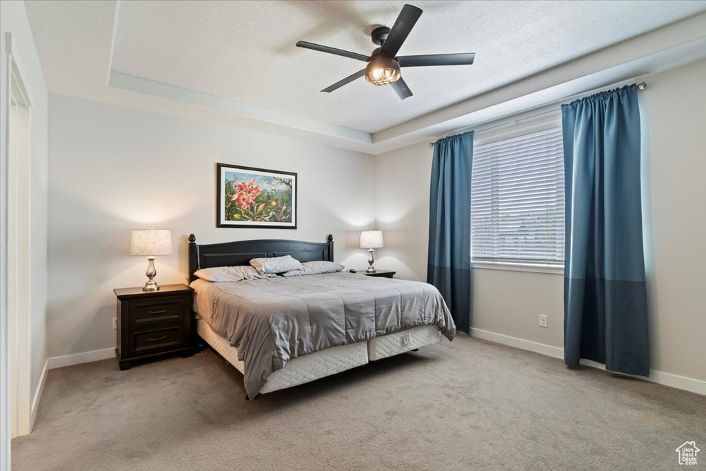 Bedroom with a raised ceiling, carpet flooring, and ceiling fan