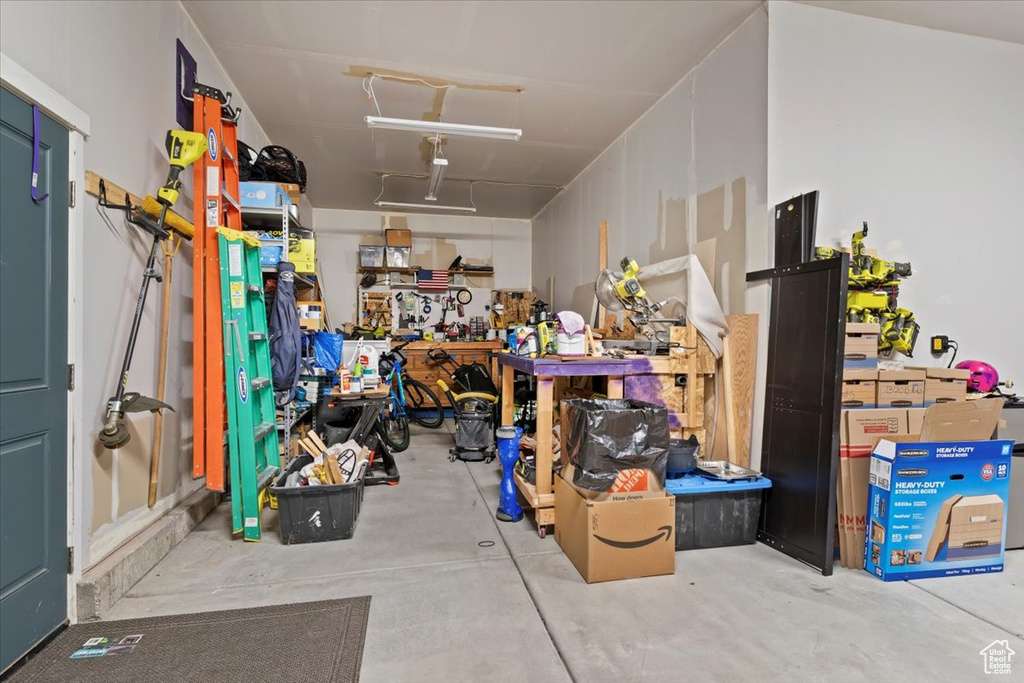 Garage featuring a workshop area