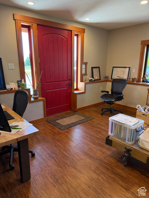 Home office featuring plenty of natural light, wood finished floors, and recessed lighting