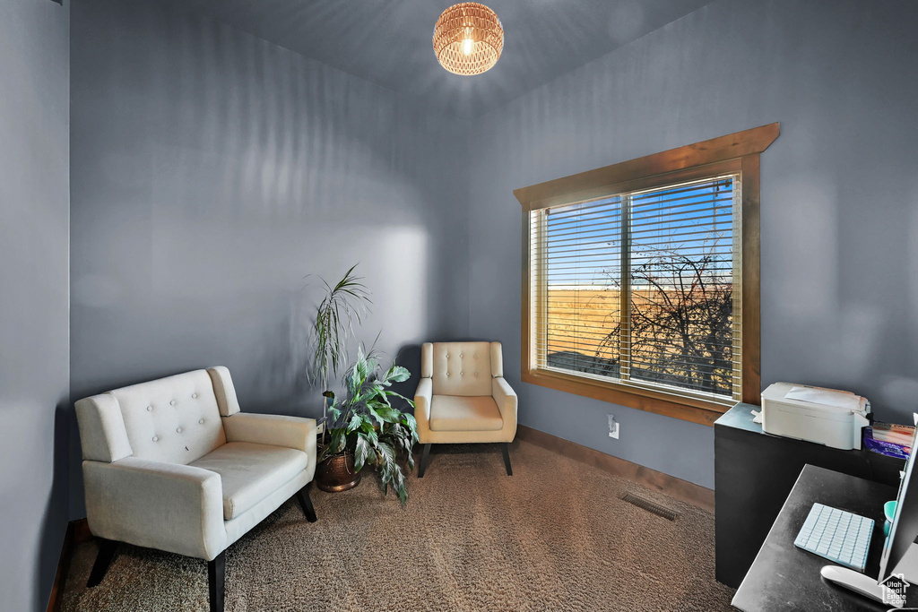 Living area with carpet floors
