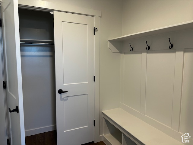 Mudroom with baseboards and dark wood-type flooring