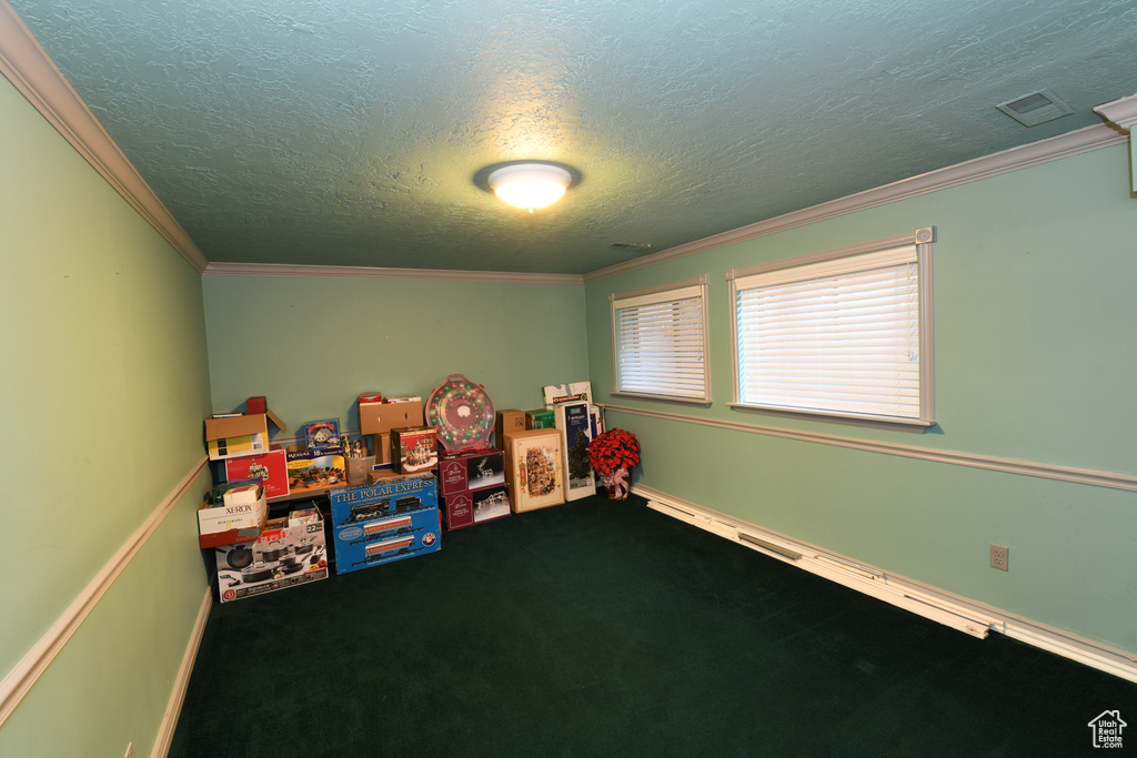 Recreation room featuring a textured ceiling, carpet, and ornamental molding