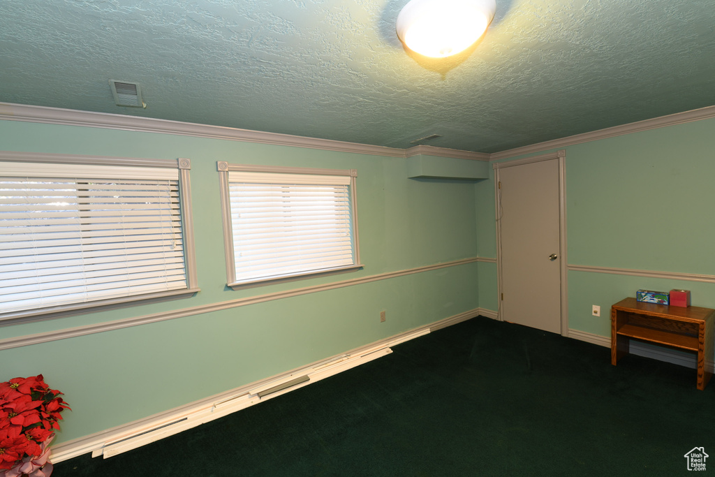 Unfurnished room with dark colored carpet, a textured ceiling, and crown molding