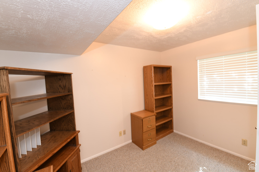 Unfurnished office with a textured ceiling and light carpet
