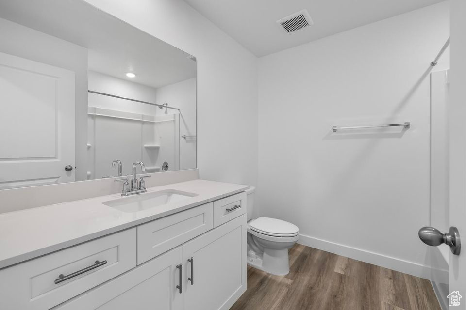 Bathroom featuring a shower, wood finished floors, and vanity