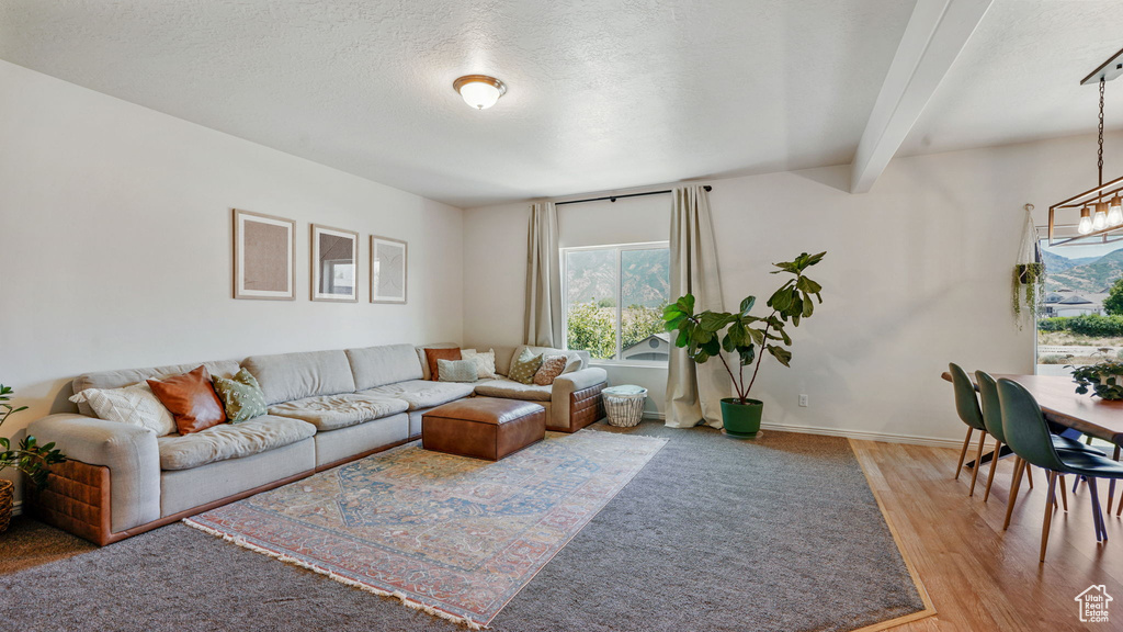 Living area with light wood finished floors, beam ceiling, and a textured ceiling