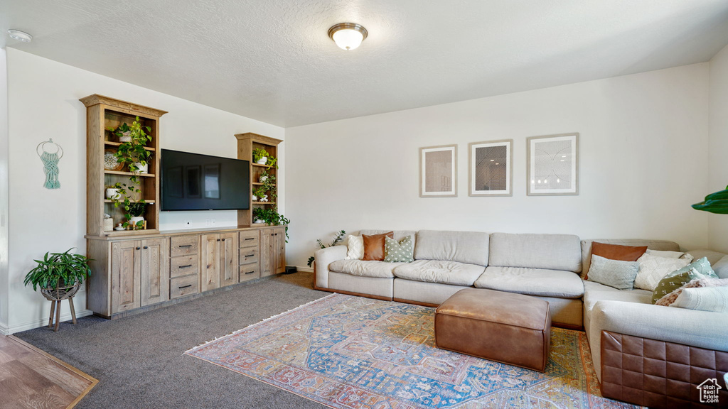 Living area with baseboards and a textured ceiling