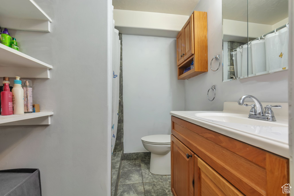 Full bathroom with vanity and a shower with curtain