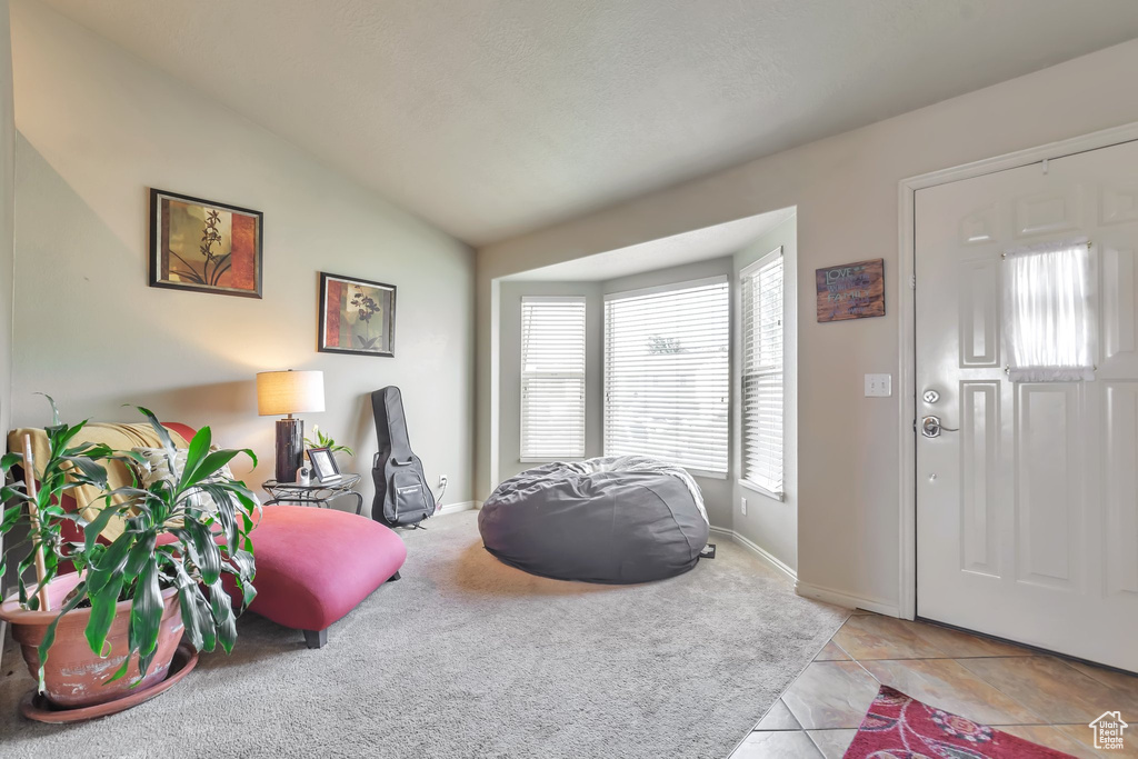 Foyer entrance featuring vaulted ceiling and baseboards