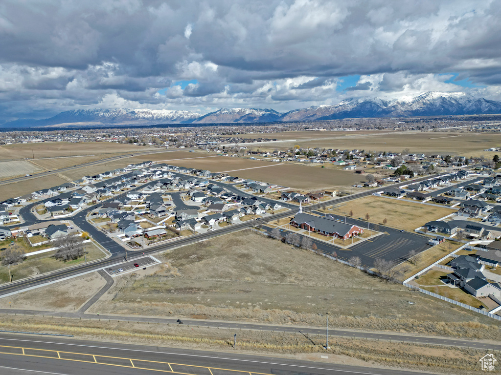 Aerial perspective of suburban area featuring mountains