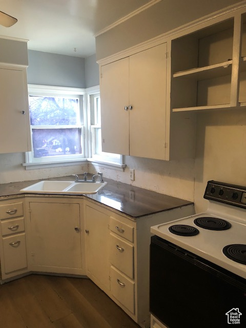 Kitchen with white electric stove, dark wood-style flooring, and white cabinets