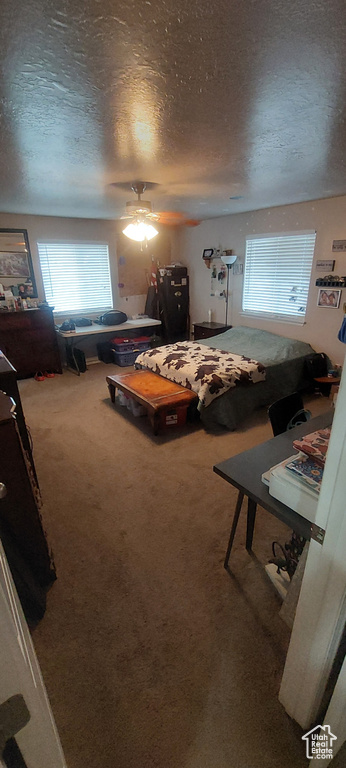 Carpeted bedroom featuring a textured ceiling and a ceiling fan