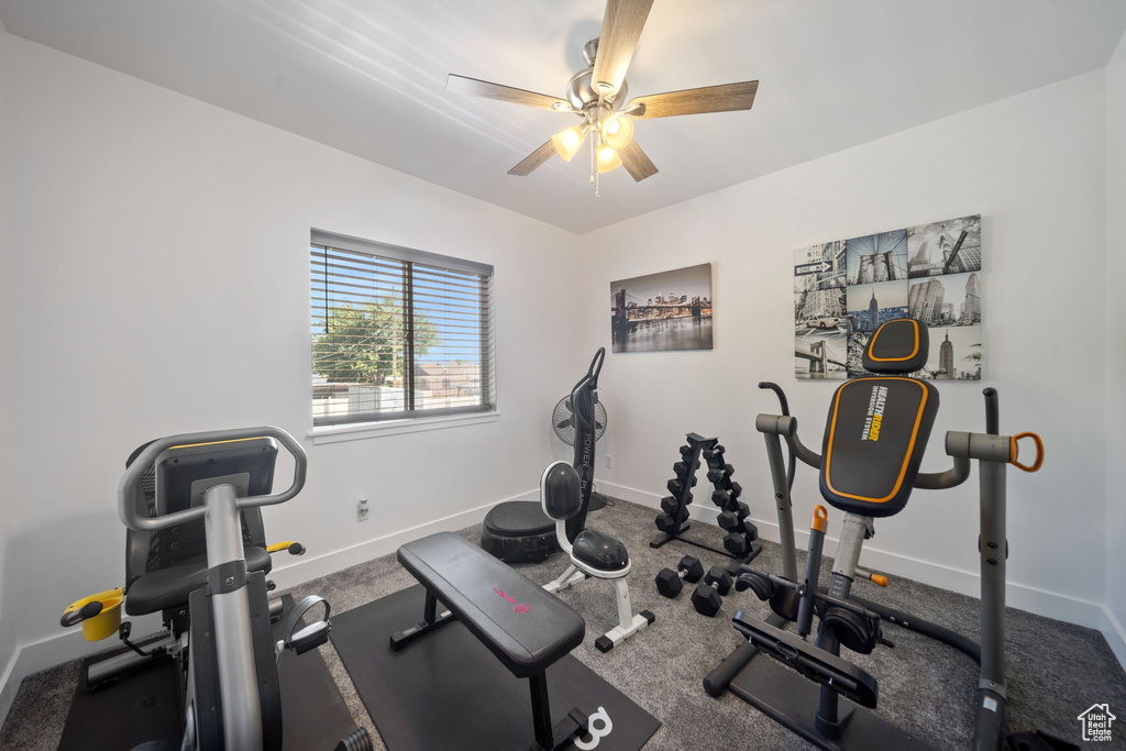 Exercise room featuring baseboards and a ceiling fan