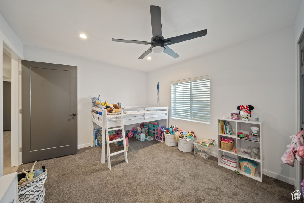 Bedroom with carpet floors, recessed lighting, and ceiling fan
