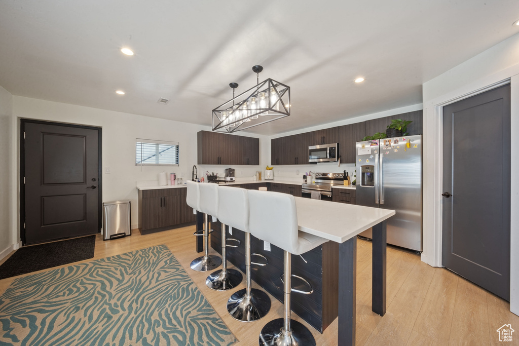 Kitchen with appliances with stainless steel finishes, dark brown cabinetry, light countertops, light wood finished floors, and pendant lighting