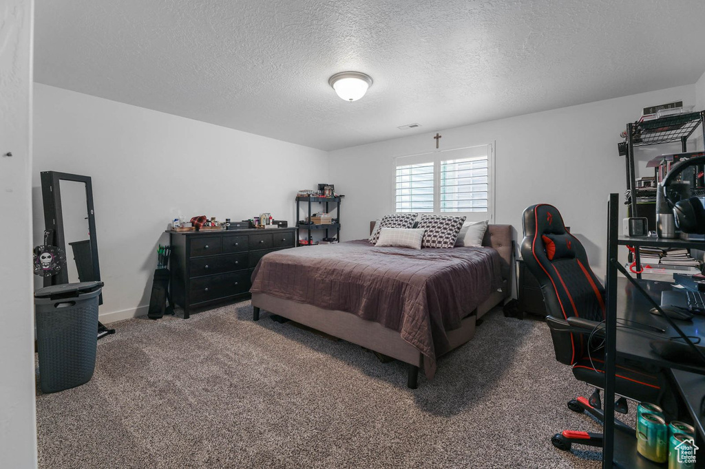Carpeted bedroom with a textured ceiling