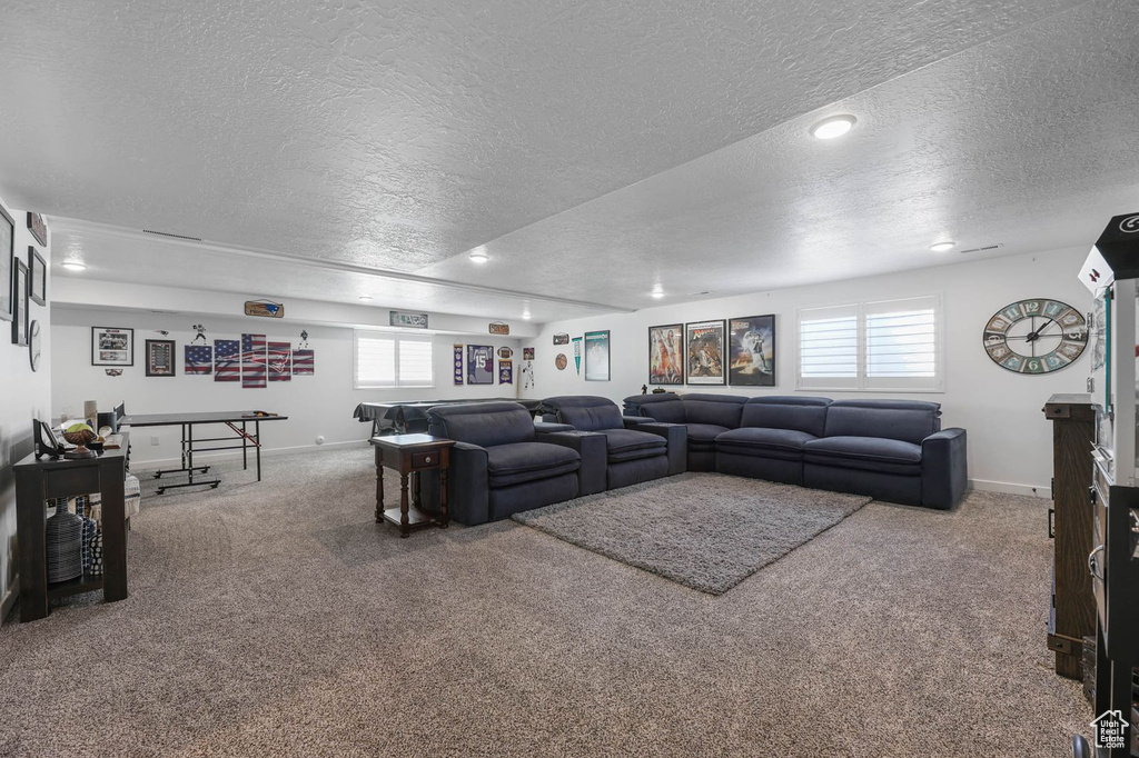 Carpeted living room featuring a textured ceiling, healthy amount of natural light, and recessed lighting