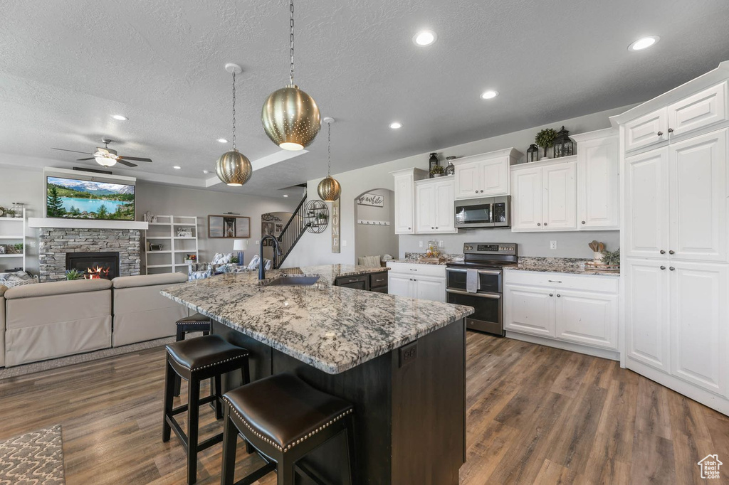 Kitchen featuring appliances with stainless steel finishes, a ceiling fan, a textured ceiling, dark wood-style floors, and open floor plan