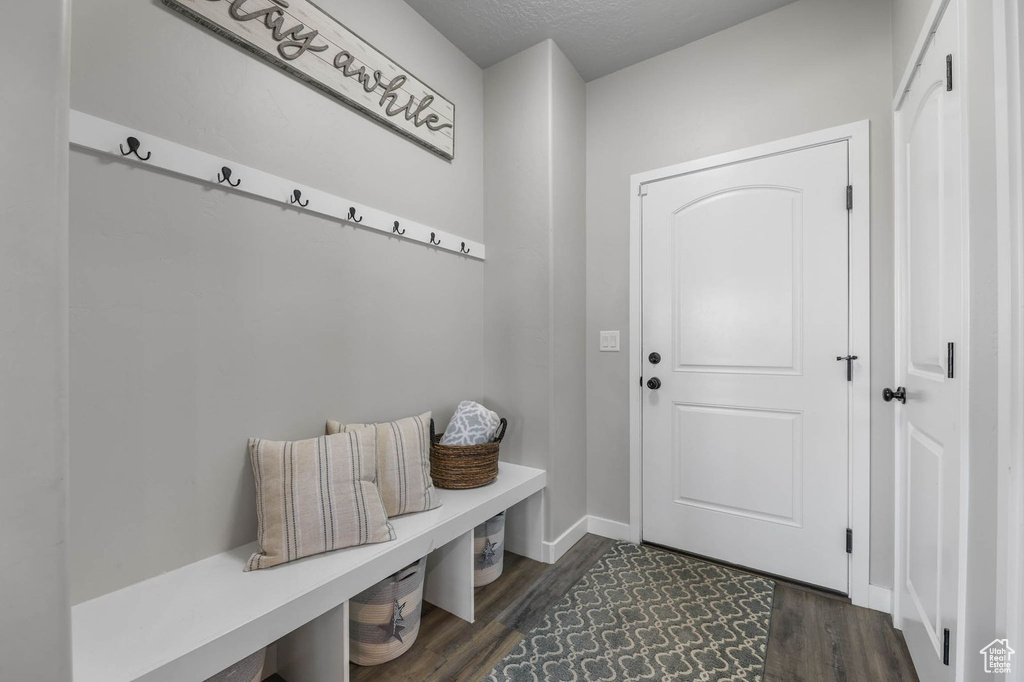 Mudroom featuring dark wood-type flooring and baseboards