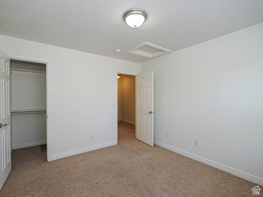 Unfurnished bedroom featuring carpet, attic access, a closet, a spacious closet, and a textured ceiling