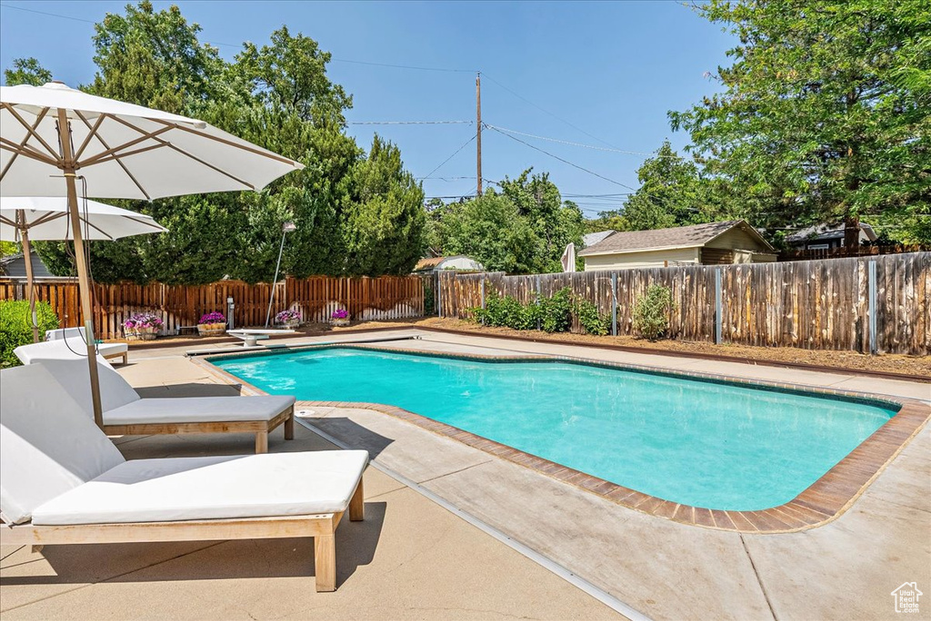 View of pool with a patio and a fenced backyard
