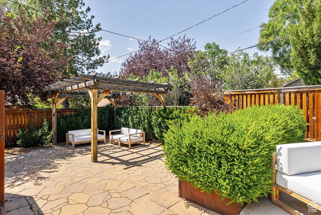 Fenced backyard featuring a pergola, a patio, and outdoor lounge area