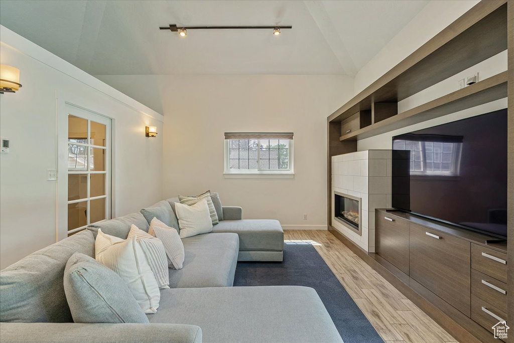 Living room featuring lofted ceiling, light wood-type flooring, and a fireplace