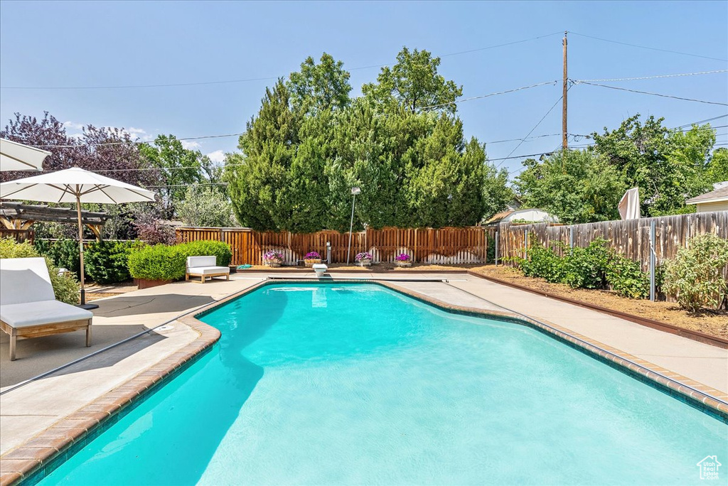 View of swimming pool featuring a fenced backyard and a patio area