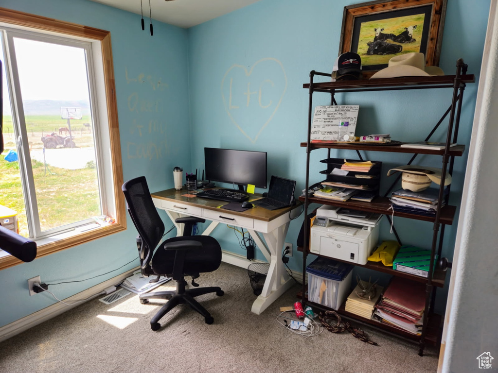 View of carpeted home office