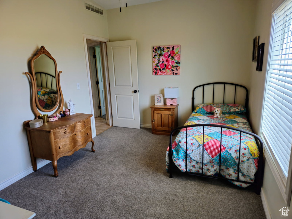 Carpeted bedroom featuring multiple windows
