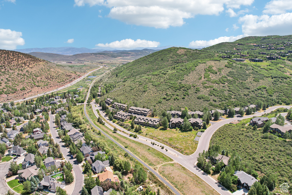 Aerial view of residential area with a mountain backdrop