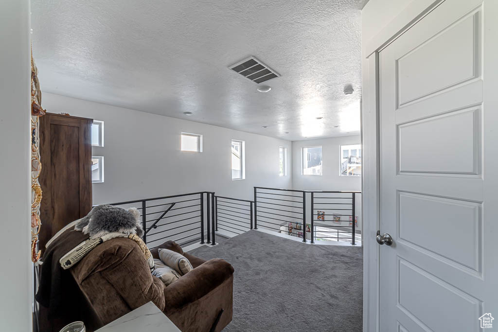 Sitting room with an upstairs landing, carpet, and a textured ceiling